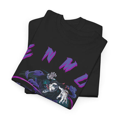 Folded black graphic T-shirts displaying the captivating 'ENMU' design, perfect for anime enthusiasts looking to elevate their fashion statement.
