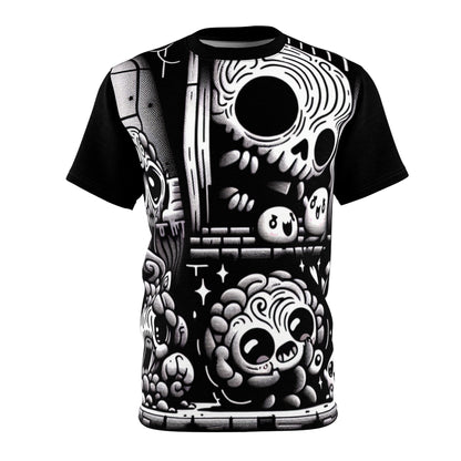 Elegant black t-shirt featuring HR Giger-Inspired spooky scribbles design by Dazzling Dreams Studio, showcasing a whimsical medley of cute killer characters.