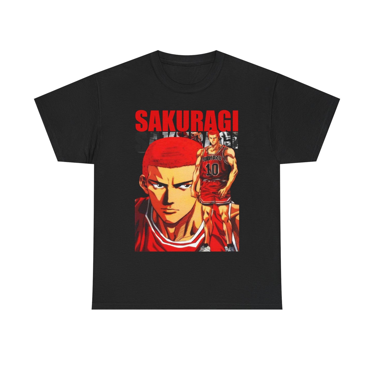 Elegant black anime t-shirt adorned with a bold design of Sakuragi from Slam Dunk, highlighting vivid colours and a contemporary fit for stylish enthusiasts.
