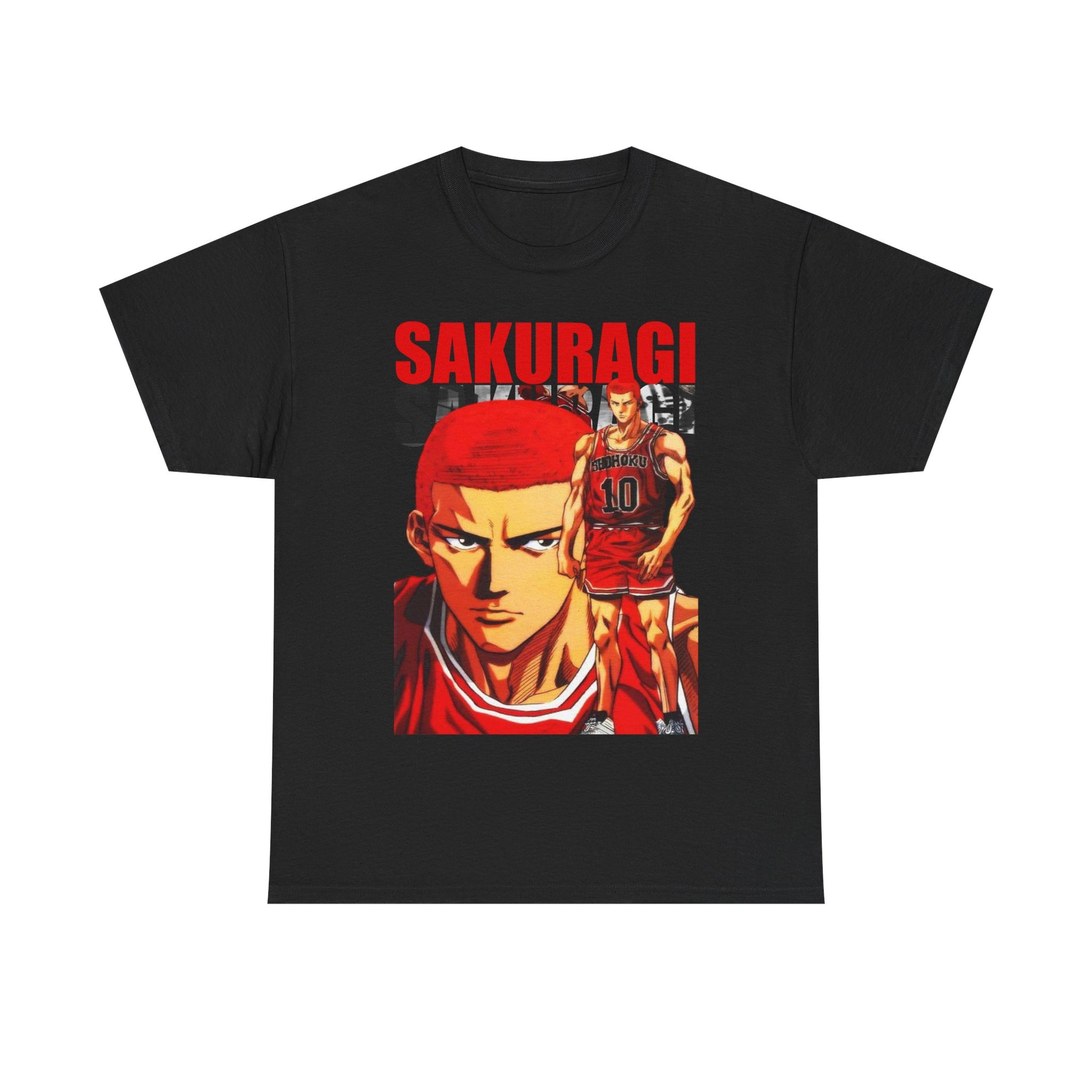 Elegant black anime t-shirt adorned with a bold design of Sakuragi from Slam Dunk, highlighting vivid colours and a contemporary fit for stylish enthusiasts.