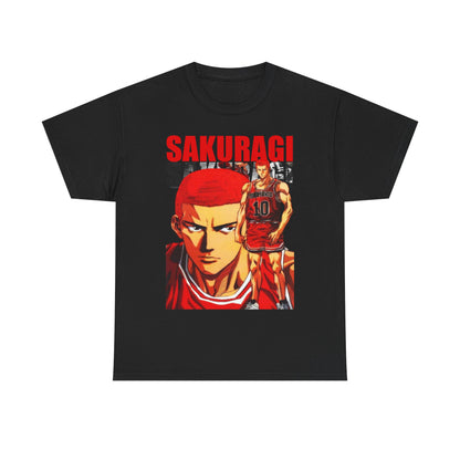 Elegant black anime t-shirt adorned with a bold design of Sakuragi from Slam Dunk, highlighting vivid colours and a contemporary fit for stylish enthusiasts.
