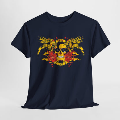 Luxurious navy blue t-shirt featuring a vivid yellow skull graphic adorned with golden wings, red floral accents, and intricate detailing, creating a bold and edgy aesthetic.
