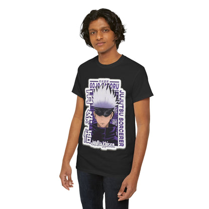Elegant portrayal of the Gojo Satoru T-shirt, showcasing striking anime character design, modelled by an individual exuding charisma, with a focus on the exquisite colour palette.