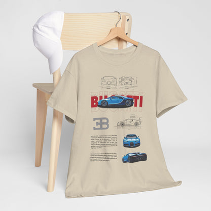 Chic Bugatti Chiron men's t-shirt styled with a cap and chair, emphasizing the car's exquisite design and attributes, catering to luxury lifestyle enthusiasts.