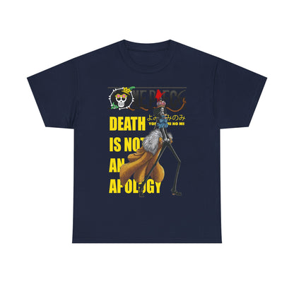 Chic navy graphic t-shirt featuring a visually striking design of a skeleton character from anime, coupled with the bold phrase 'DEATH IS NOT AN APOLOGY'. A sophisticated addition for anime lovers wanting to elevate their wardrobe.