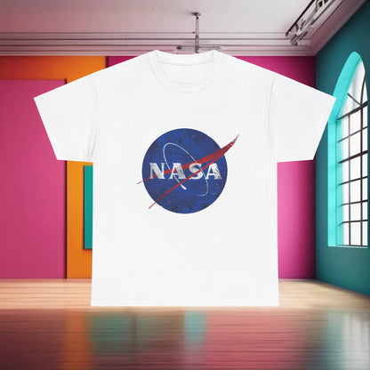 Urban NASA Logo Graphic T-Shirt in 100% Cotton - Unisex Casual Wear for Street Style Enthusiasts illustrated on a stylish white T-shirt featuring the iconic NASA logo.