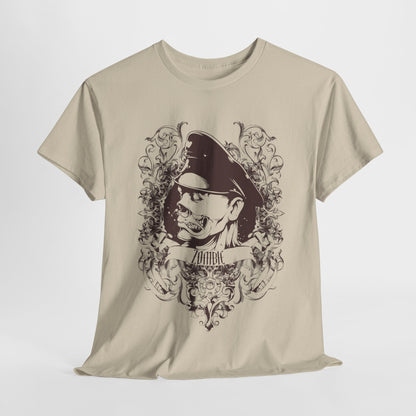 Artistic presentation of a premium beige t-shirt with a detailed zombie illustration, ideal for fashionable statement pieces.