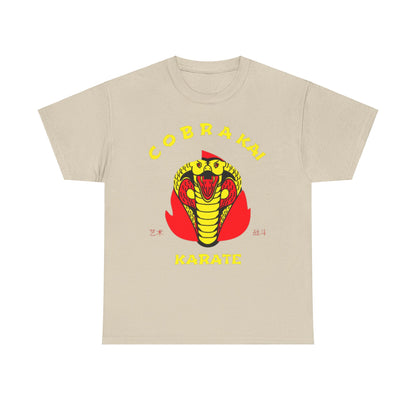 Luxurious unisex Cobra Kai graphic T-shirt featuring a bold yellow snake emblem and vibrant red accents, designed for martial arts enthusiasts.