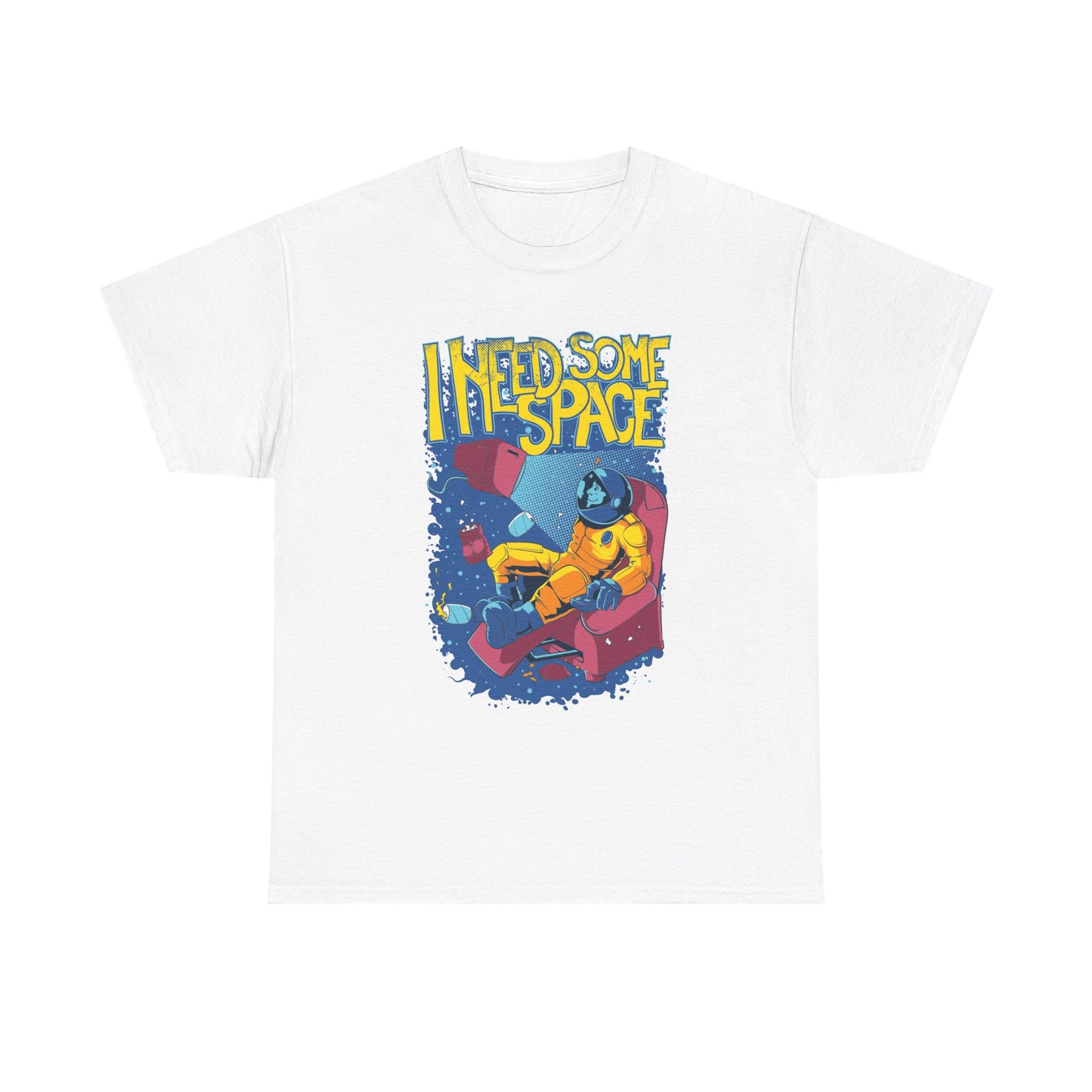 Luxury white t-shirt featuring a vibrant graphic design of a relaxed astronaut in a yellow spacesuit, sitting in a whimsical magenta armchair amidst a cosmic backdrop, with the bold text 'I NEED SOME SPACE' in striking yellow lettering, perfect for space enthusiasts and gamers.