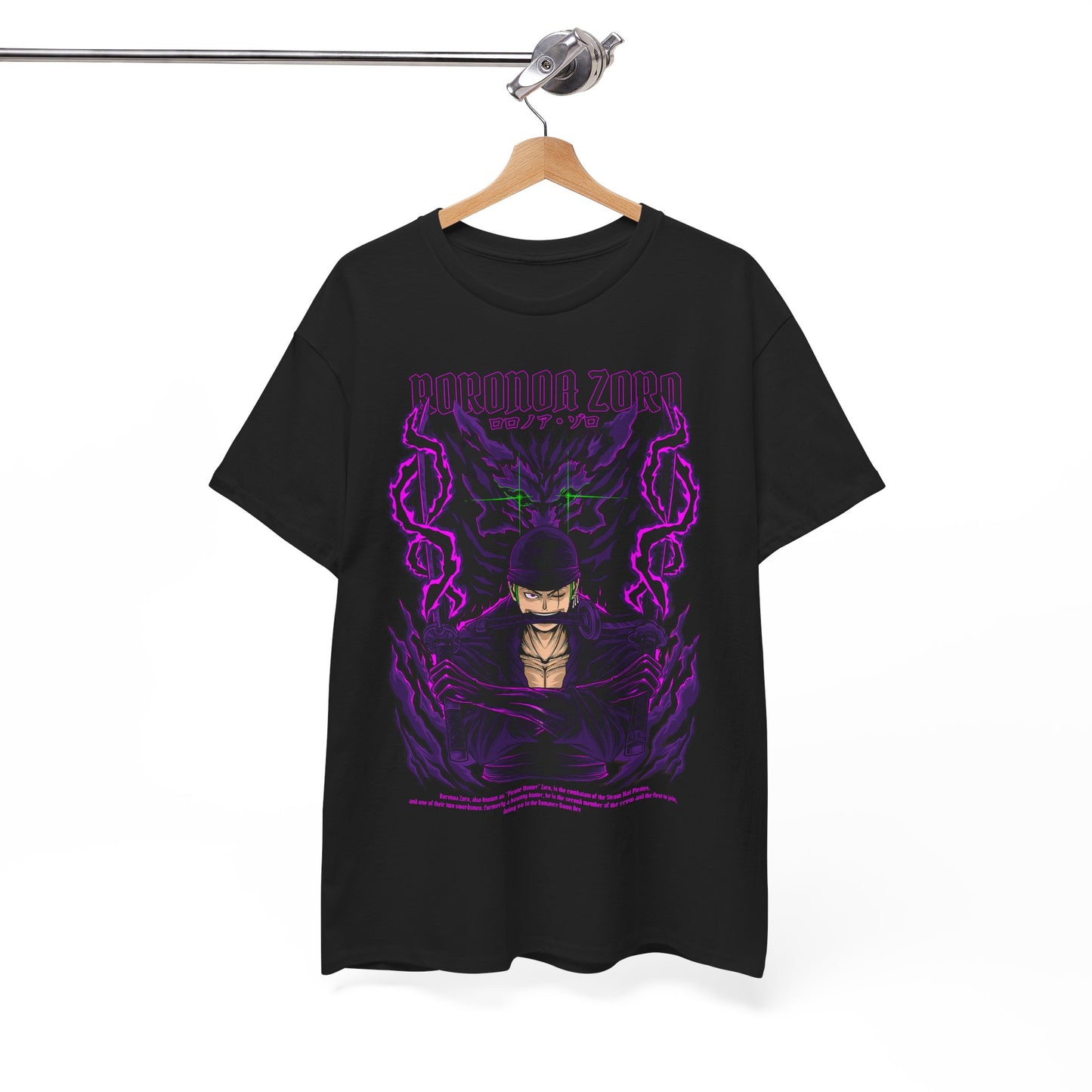 Elegant display of Roronoa Zoro graphic tee hanging on a wooden hanger, showcasing its striking artwork against a sophisticated background, perfect for stylish outings.