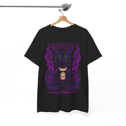 Elegant display of Roronoa Zoro graphic tee hanging on a wooden hanger, showcasing its striking artwork against a sophisticated background, perfect for stylish outings.
