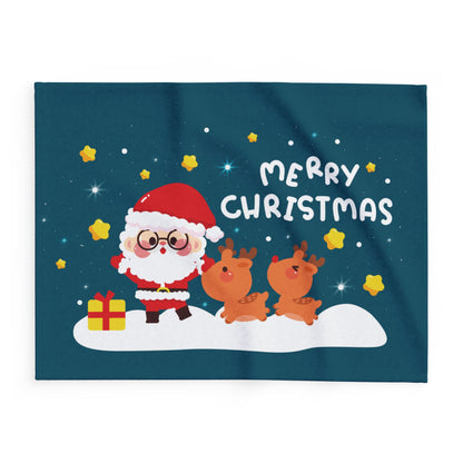 Decorative and Warm Christmas Arctic Fleece Blanket featuring a whimsical design of Santa Claus with reindeer and stars, perfect for adding festive charm to your holiday decor.