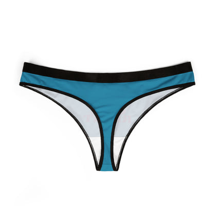 Back view of a stylish blue thong with elegant black trim, capturing the playful message 'Treat Your Girl Right' for a fashionable statement in intimate wear.