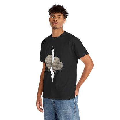 A model showcasing a luxurious black t-shirt adorned with a unique graphic of two clasped hands breaking through, designed for individuals who value humour and artistry in their style.