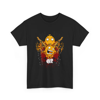 Stylish men's graphic t-shirt featuring vibrant orange emojis with guns, flames, and a dramatic design, embodying chaos and fun.