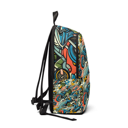 Close-up view of the Modern Pop Art Backpack from Dazzling Dreams Studio showcasing its vibrant colours and playful cartoon characters.