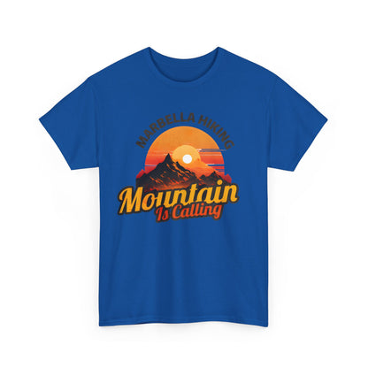 Marbella Hiking Club Unisex Graphic T-Shirt in vibrant blue, featuring a striking mountain motif, celebrating the essence of adventure.