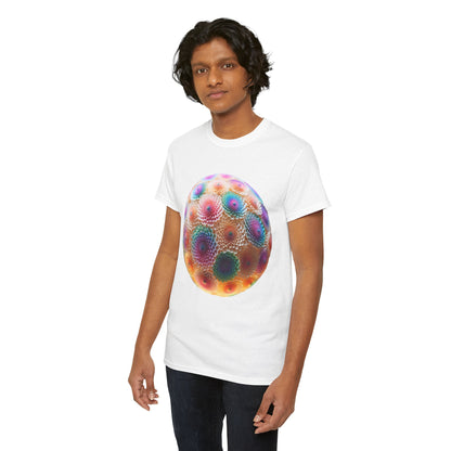 Iridescent Floral Sphere Unisex Cotton Tee Graphic T Shirt worn by a model, featuring a vibrant iridescent floral sphere design on a white background, exuding elegance and style.