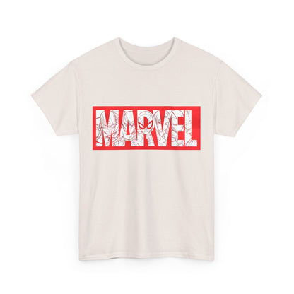 Front view of the stylish 'MARVEL' graphic tee in cream, showcasing the dynamic superhero-inspired design with bold red accents, perfect for luxury fans.