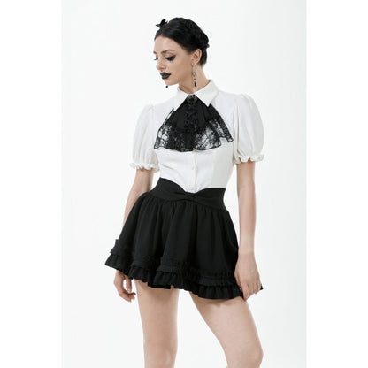 Close-up of the layered frill detailing on the Black Lolita-inspired mini skirt, highlighting its exquisite craftsmanship and soft volume.