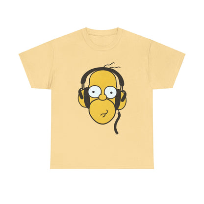 Hear the Hilarity Homer Simpson Headphones Unisex Cotton Tee Graphic T Shirt featuring a close-up illustration of Homer Simpson with headphones, embodying playful luxury.
