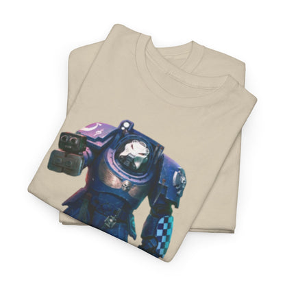 Premium quality graphic T-shirt displaying a striking design of a blue-armoured hero, perfect for those who appreciate quirky and fantastic fashion.