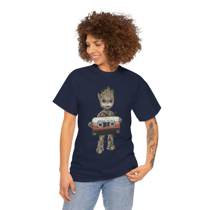 Chic Baby Groot Awesome Mixtape Unisex Men's Women's Graphic T Shirt Tee showcased on a model, displaying a stylish rendition of Baby Groot with 'Awesome Mix Vol. 2' cassette, ideal for pop culture enthusiasts.