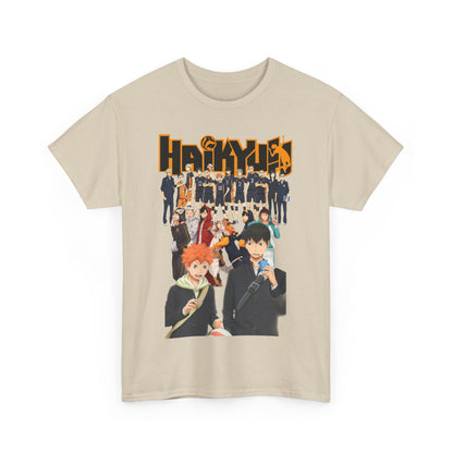 Stylish Haikyuu!! graphic T-shirt featuring a dynamic illustration of beloved volleyball characters in vibrant poses, perfect for anime enthusiasts and casual wear.