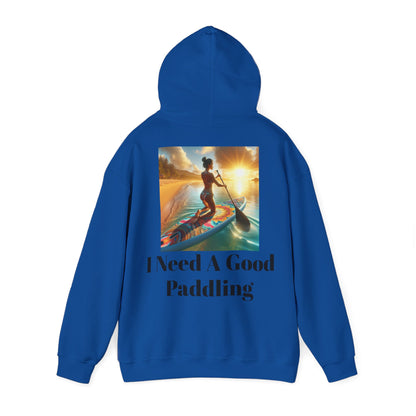 Fantasy Paddleboarding Unisex Hooded Sweatshirt showcasing a stunning back design featuring a woman paddleboarding against a vibrant sunset, perfect for adventure lovers.