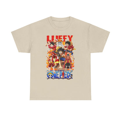 Chic beige men's t-shirt featuring an exhilarating anime design with distinguished characters depicted in bold colours, tailored for a fashionable anime lover.