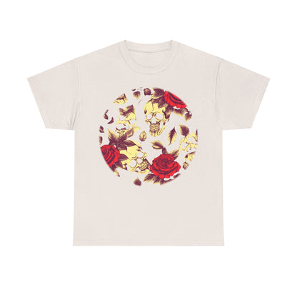 Skulls and Roses Cotton Tee, Unisex Graphic Shirt - flat lay image of the tee in a soft beige colour, featuring the striking skull and rose illustration.