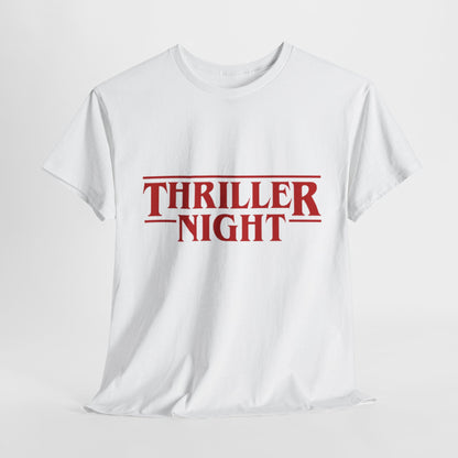 Stranger Things 'THRILLER NIGHT' unisex graphic t-shirt in white, featuring bold red lettering, perfect for urban street style.