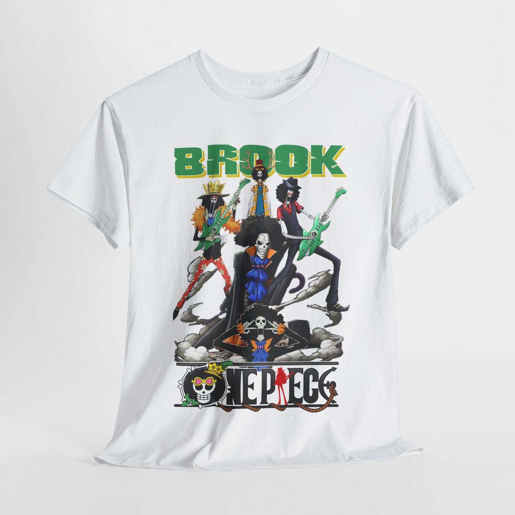 Artfully presented t-shirt draped elegantly, showcasing an eye-catching graphic design of anime characters in a standing pose with the word 'BROOK' in bold typography.