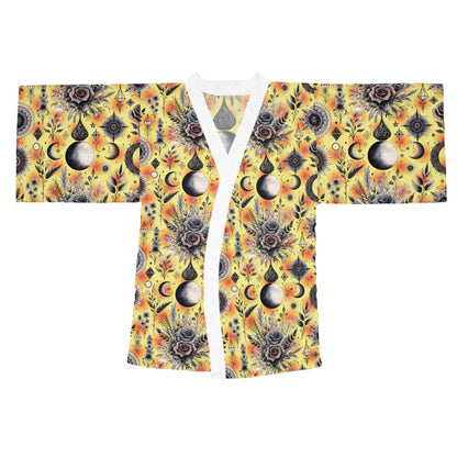 Floral Kimono Robe, Women's Robe, Designer Lounge Wear - Elegant floral pattern on a luxurious kimono robe, showcasing boho chic style.