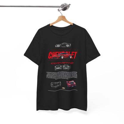 Stylish black Chevrolet Corvette C6 graphic t-shirt displayed on a wooden hanger, featuring intricate designs and stylish typography, perfect for automotive enthusiasts.