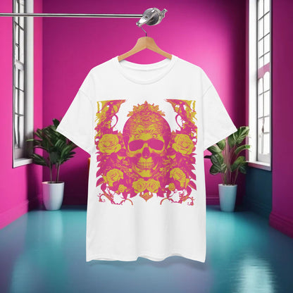 Front view of Skulls and Roses Cotton Tee, featuring a vibrant steampunk skull and roses print, perfect for alternative fashion enthusiasts.