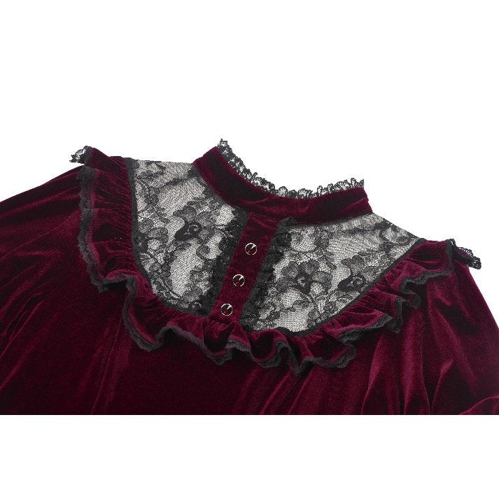Close-up of high lace collar and sheer lace yoke detailing on the Ophelia Burgundy Velvet Goth Dress, highlighting intricate craftsmanship.