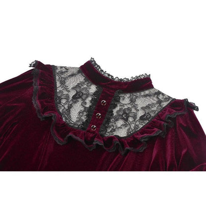 Close-up of high lace collar and sheer lace yoke detailing on the Ophelia Burgundy Velvet Goth Dress, highlighting intricate craftsmanship.