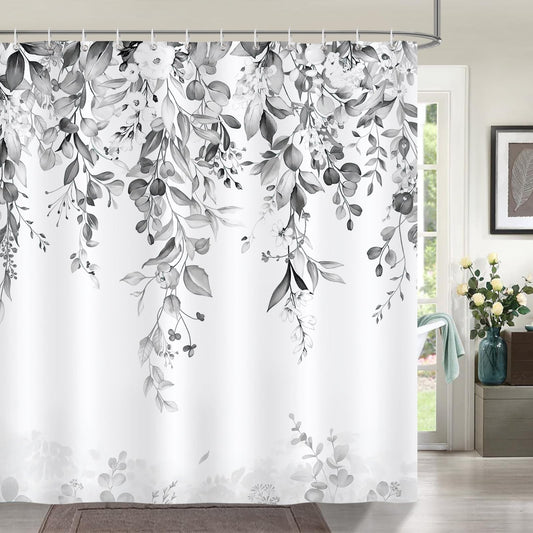 Bonhause Grey Eucalyptus Shower Curtain, Watercolor Floral Leaves Plant Bathroom Curtain 180 x 180 cm Waterproof Mildew and Mould Resistant Polyester