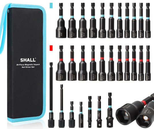 SHALL 29PCS Magnetic Nut Driver Set, Impact Drill Bit 1/4'' Hex Shank, SAE & Metric Cr-V Steel Power Drivers with Quick-Release Extensions, Socket