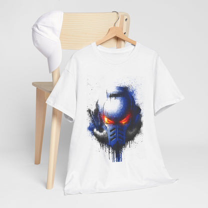 White graphic t-shirt adorned with an eye-catching blue and orange helmet illustration, elegantly displayed on a wooden hanger beside a stylish cap, showcasing modern streetwear aesthetics for discerning tastes.