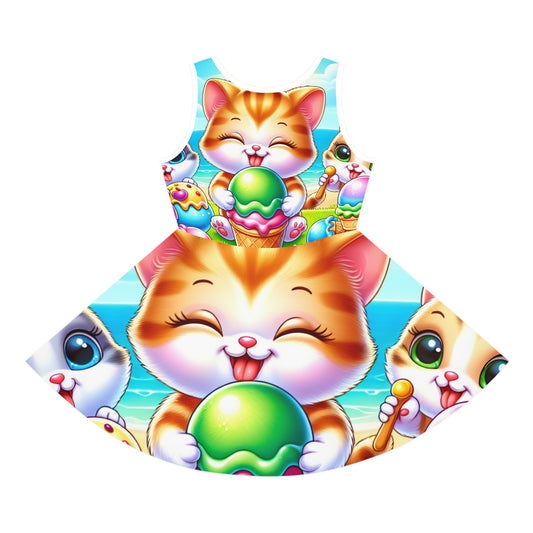 Charming Lila Whimsy Girls Sundress adorned with whimsical kittens and ice cream, ideal for a luxurious summer outing. Captivating design for young fashionistas.