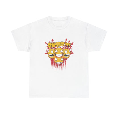 Luxurious white men's t-shirt featuring a bold graphic design with vibrant yellow smiley faces, edgy red splashes, and dynamic street art elements, perfect for expressing individuality and playful style.