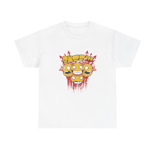 Luxury men's t-shirt featuring a bold graphic of vibrant smiley faces and edgy street art design, perfect for making a statement in casual settings.