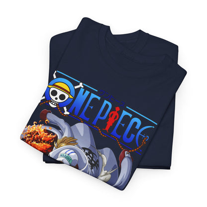 Luxurious navy blue One Piece Akainu T-shirt featuring a vibrant graphic design of the iconic character, ideal for fans and collectors.