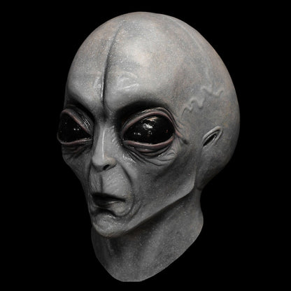 Realistic Grey Alien Mask Latex Headgear featuring exquisite detailing, perfect for Halloween and costume parties, showcasing striking grey skin and oversized alien eyes.