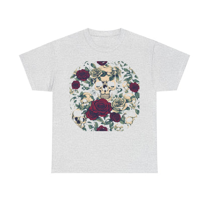 Skulls and Roses Cotton Tee with an exquisite steampunk design on a heather grey unisex graphic shirt, perfect for the stylish alternative fashion lover.