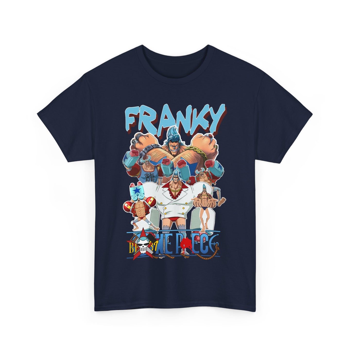 Close-up of the Franky graphic t-shirt in a sophisticated navy blue, showcasing bold anime artwork, a must-have for discerning fans.