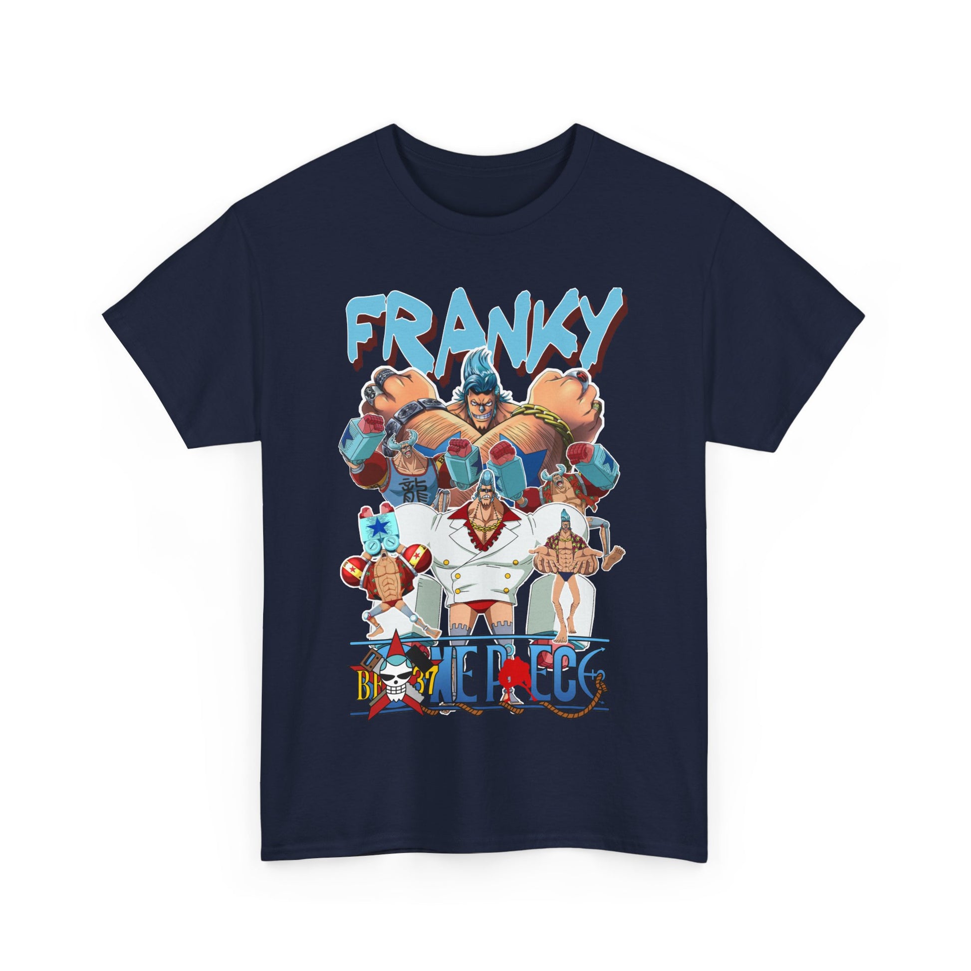 Close-up of the Franky graphic t-shirt in a sophisticated navy blue, showcasing bold anime artwork, a must-have for discerning fans.