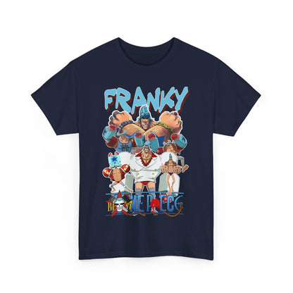 Close-up of the Franky graphic t-shirt in a sophisticated navy blue, showcasing bold anime artwork, a must-have for discerning fans.